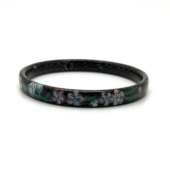 Fine Jewelry Jewelry - Cloisonne Vintage Iris on Black Bangle Bracelet